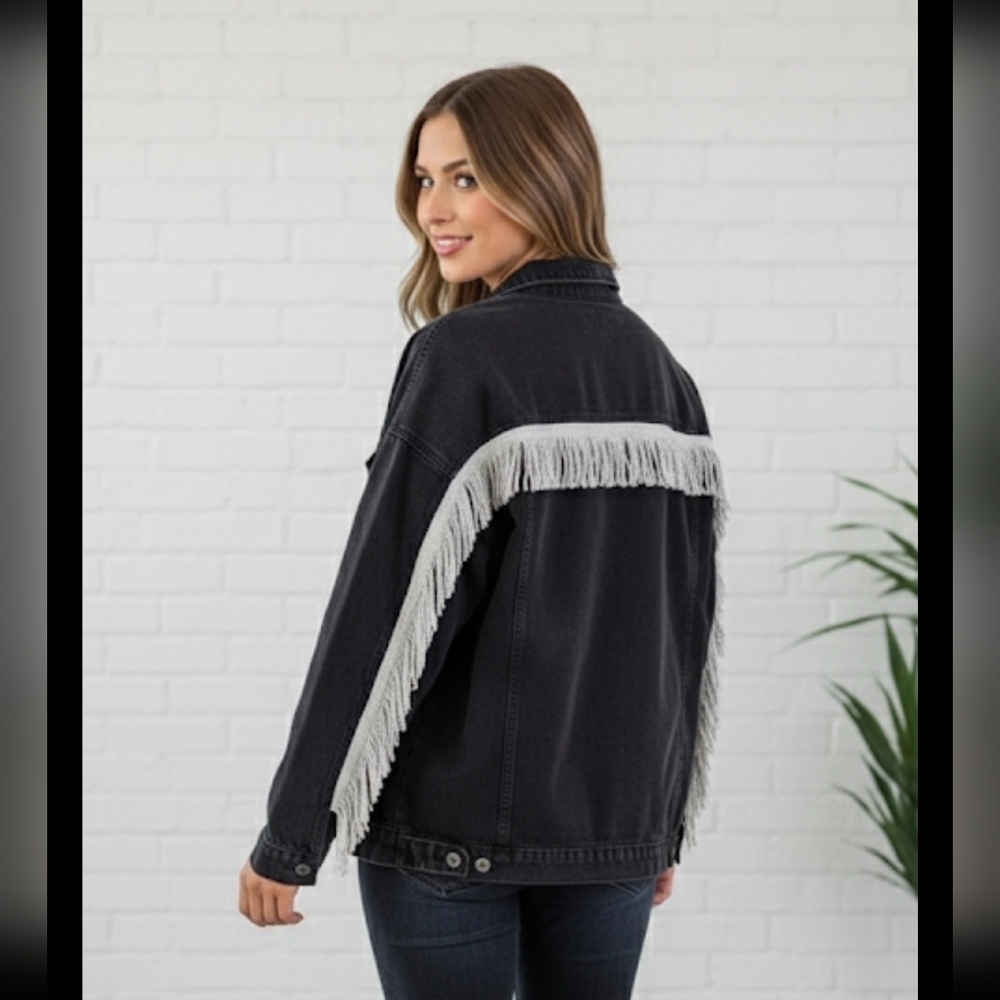 CantonWalker Fringe Faded Black Vintage Style Jacket, Size XL